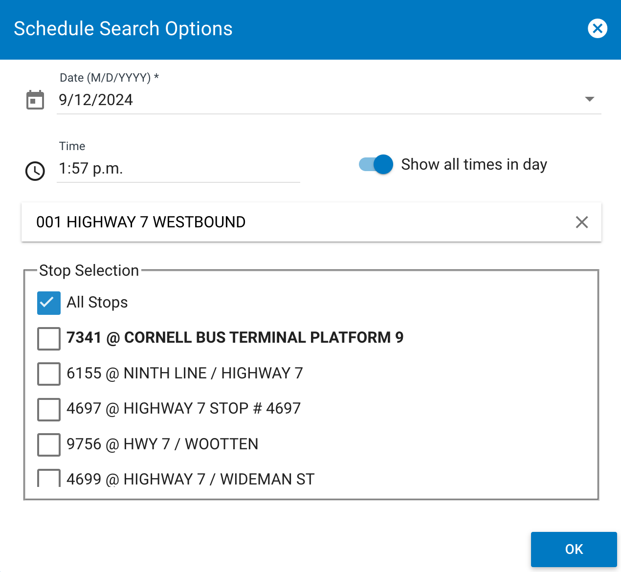 schedule finder screen interface