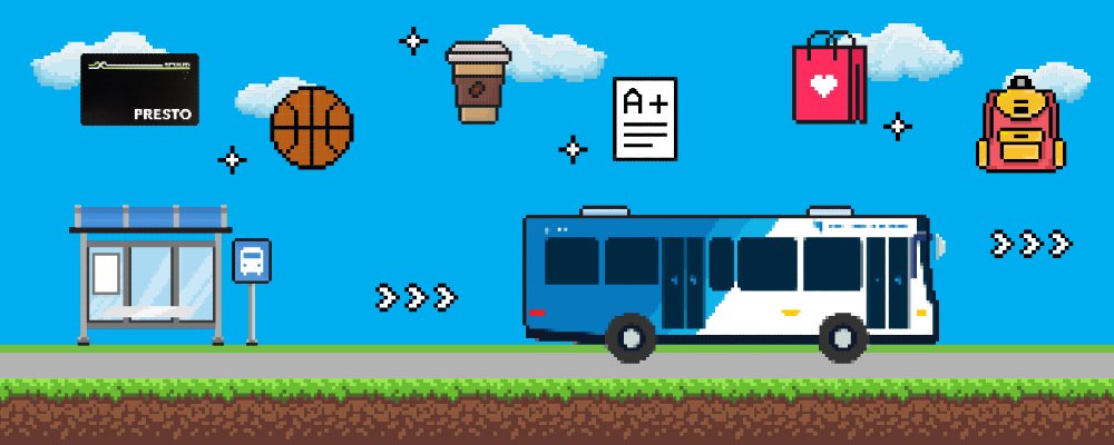 graphical illustration of a YRT bus and various school items in 8-bit graphics